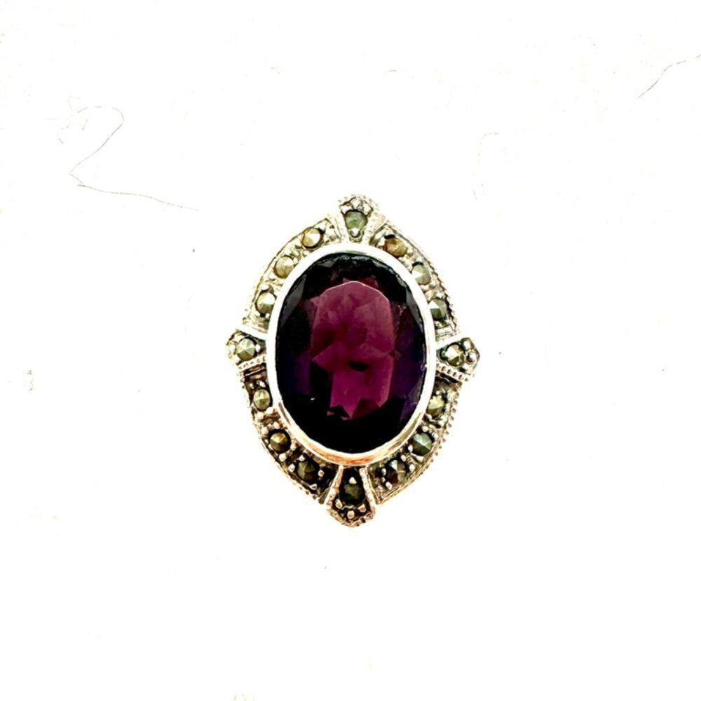 Amethyst and Marcasite Set in a Sterling Silver Stamped 925 Ring Size 6.5